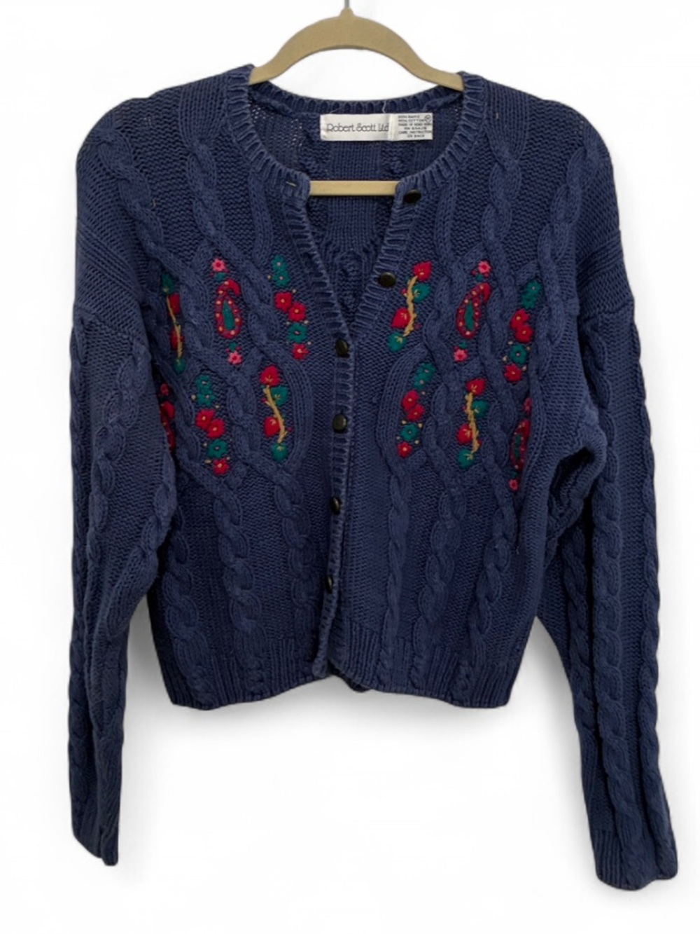 Vintage Robert Scott Cable-Knit Blue Cardigan with Floral Embroidery